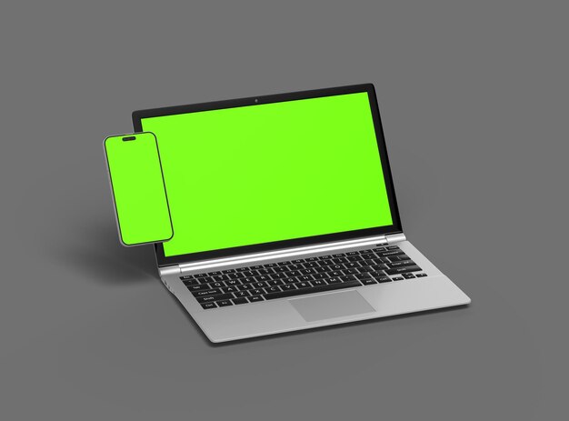 3D Render of laptop and phone with green screen on a dark background