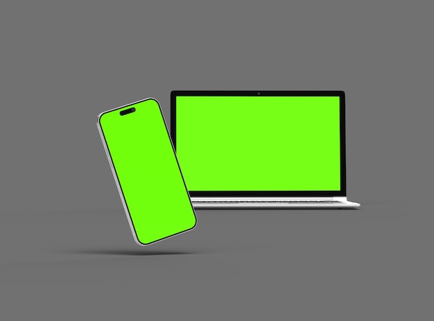 3D Render of laptop and phone with green screen on a dark background