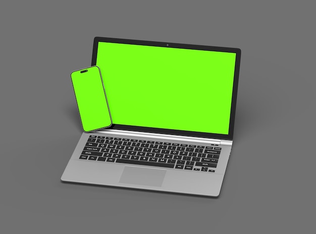 黒い背景の緑色の画面でラップトップと携帯電話の3Dレンダリング
