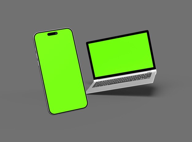 3D Render of laptop and phone with green screen on a dark background