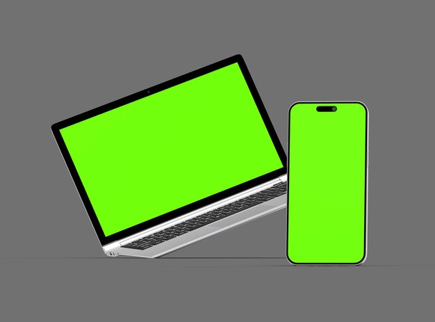 3D Render of laptop and phone with green screen on a dark background