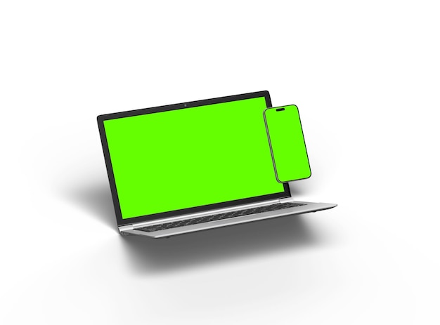 3D Render of laptop and phone with green screen on a light background