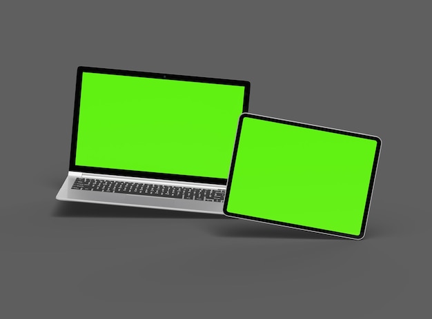 3d render of laptop and tablet with green screen on a dark background