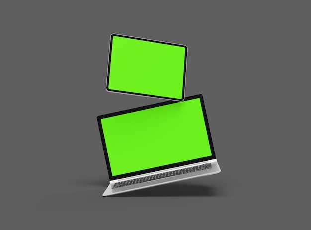 Photo 3d render of laptop and tablet with green screen on a dark background