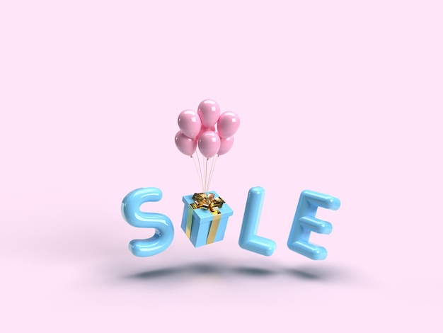 3d render of a large realistic inscription sale Blue letters hang in air on pink balloons on pink