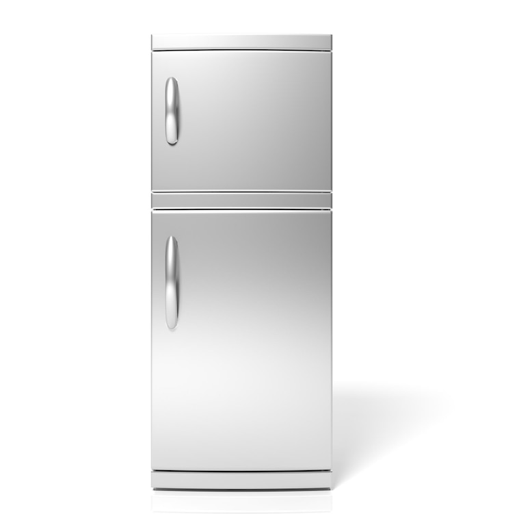 Photo 3d render of large silver refrigerator isolated one white