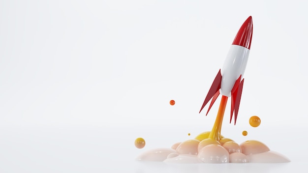 3d render of launching rocket model taking off against white\
background