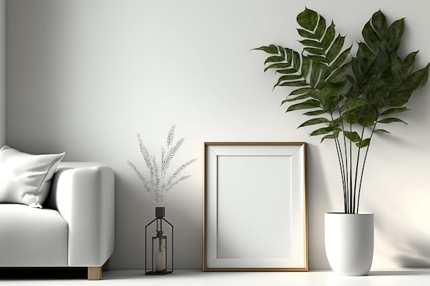 3D render lege fotolijst mockup op witte muur woonkamer boho-stijl interieur generatieve AI