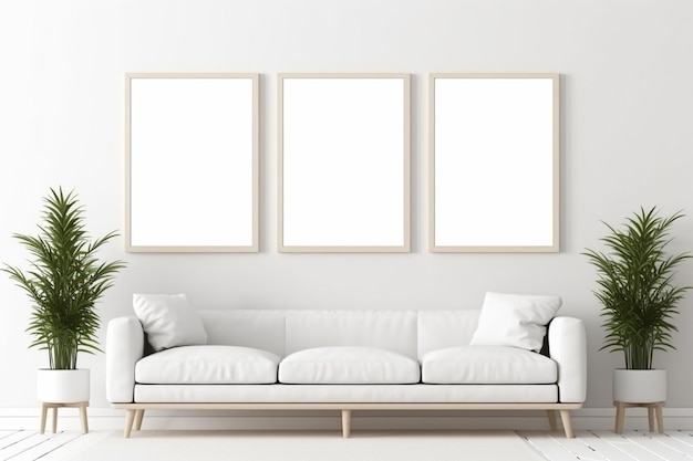 3D render lege fotolijst mockup op witte muur woonkamer boho-stijl interieur