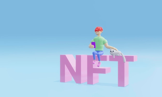 3D render lelijk karakter zittend op de letters NFT kijkend naar de telefoon en een schattige kat aaien