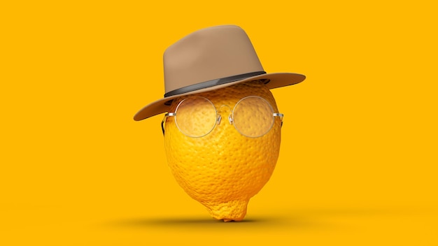 3d render lemon character vertical in sanglasses and hat