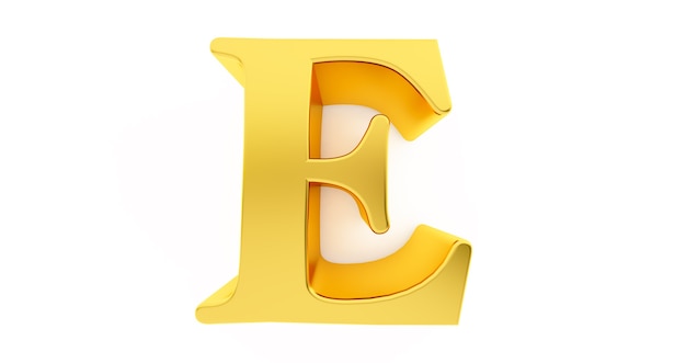 3d render of the letter E in gold metal isolated on a white background.