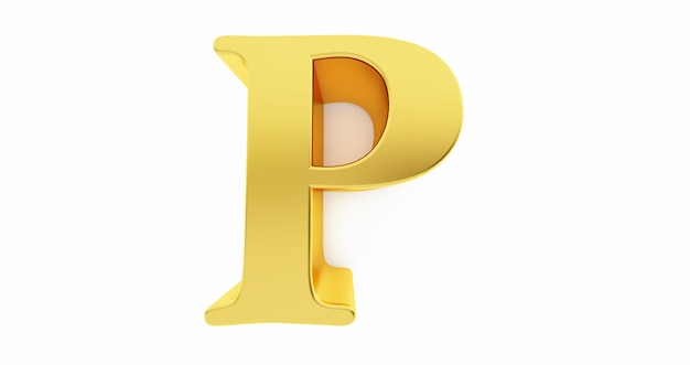 3d render of the letter P in gold metal isolated on a white wall.