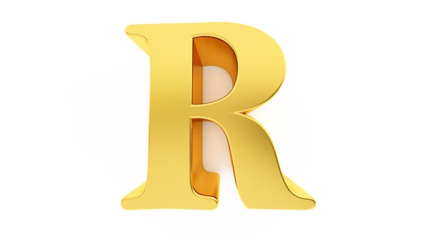 3d render of the letter R in gold metal isolated on a white background.