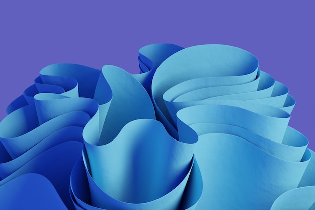 3D-рендеринг голубой абстрактной волнистой фигуры на фиолетовом фоне обоев с 3D-объектами