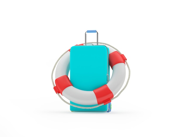 3d render light blue suitcase inside a lifebuoy isolated on white background