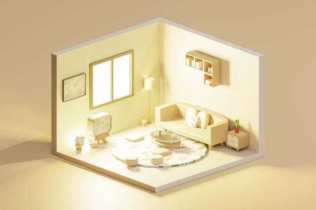3D render of light living room low poly isometric view