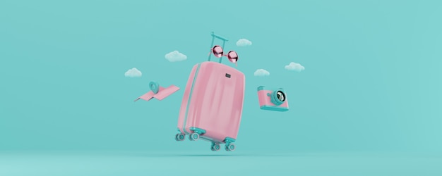 Photo 3d render light pink suitcase with travel accesories isolated on blue background
