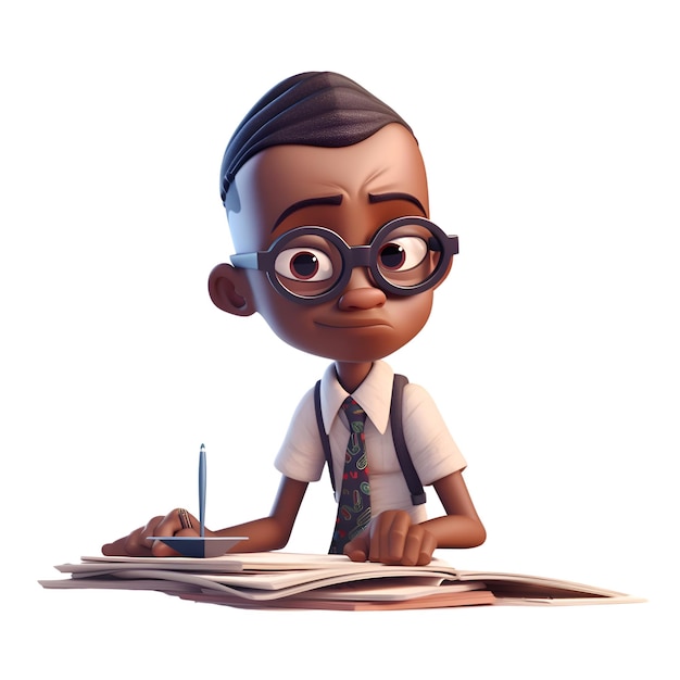 3D Render of a Little African American Boy Studying Isolated on White Background