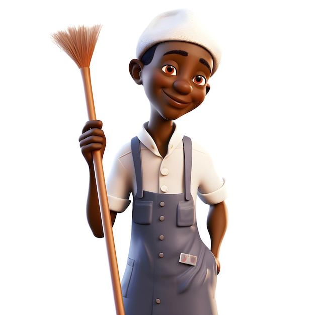 3D Render of Little African American Cleaner with a Broom