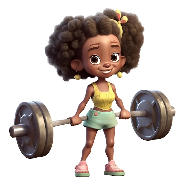 3D Render of Little African American Girl with barbell weightlifting