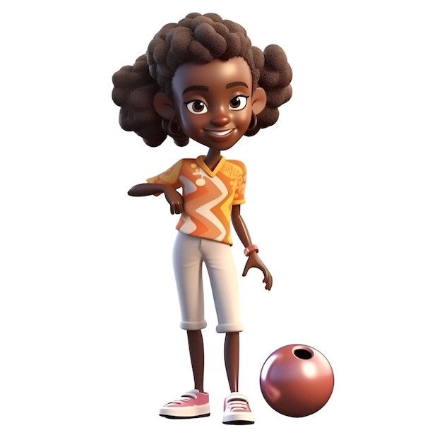 3D Render of Little African American Girl with bowling ball isolated on white background