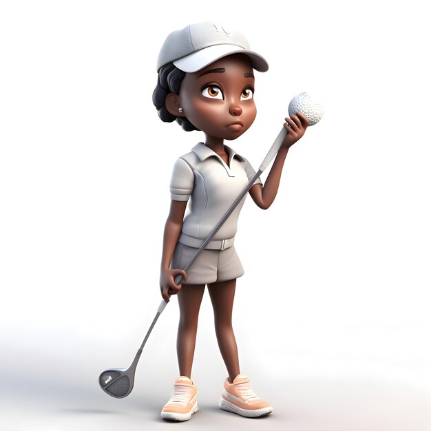 Photo 3d render of little african american girl with golf club and ball