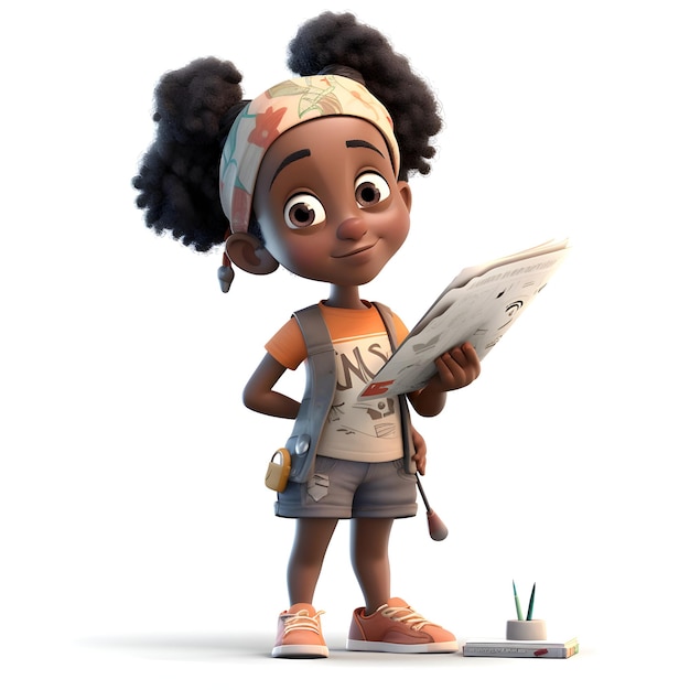 3D Render of Little African American Girl with a map and pencil