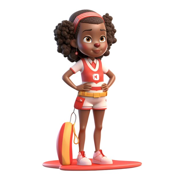 3D Render of Little African American Girl with surfboard and life buoy