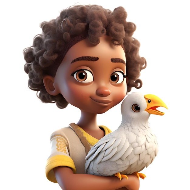 3D визуализация маленькой афроамериканской девочки с белой птицей на белом фоне