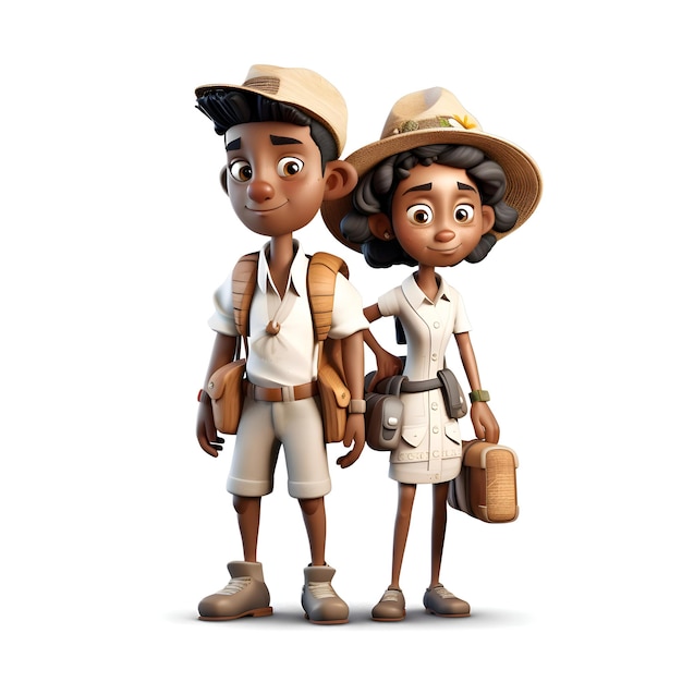 3D Render of a Little African Boy and Girl with Backpack