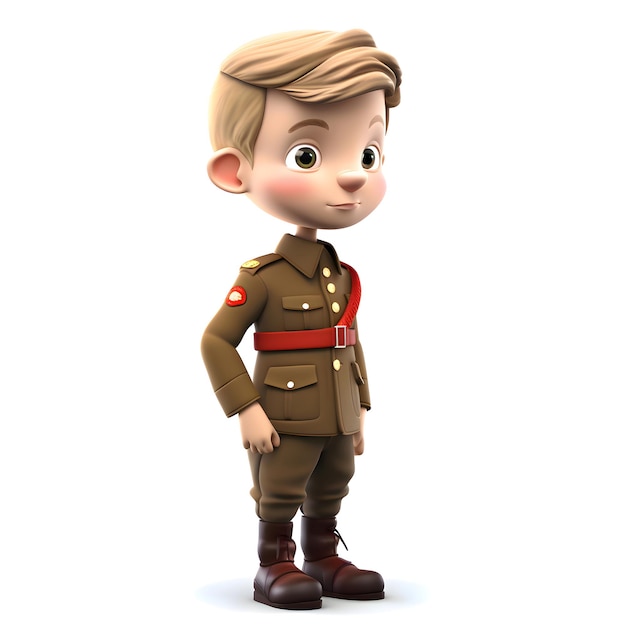 3D Render of Little Boy in Army Uniform on White Background with Clipping Path