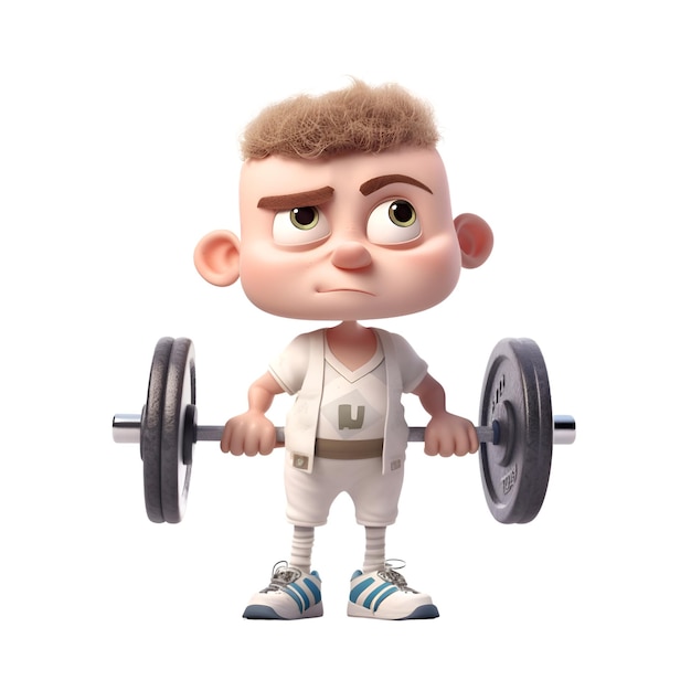 3D Render of a Little Boy lifting barbell on white background