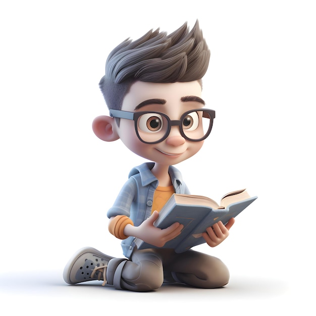 3D Render of a Little Boy Reading a Book Isolated on White Background