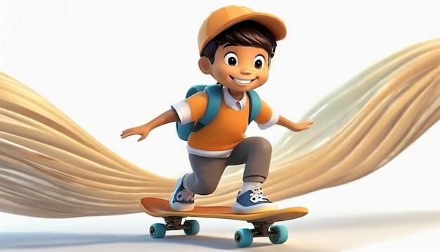 3D-рендеринг маленького мальчика, катающегося на скейтборде на белом фоне