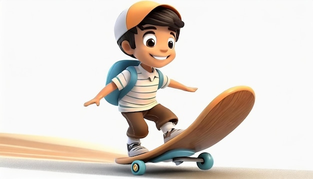 3d render of a little boy riding skateboard on white background