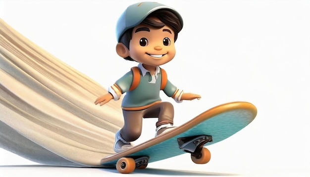 白い背景でスケートボードに乗っている小さな男の子の3Dレンダー