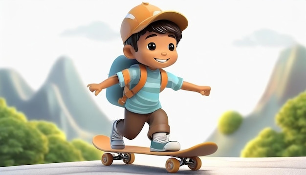 3d render of a little boy riding skateboard on white background