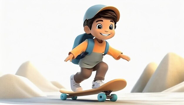 3d render of a little boy riding skateboard on white background