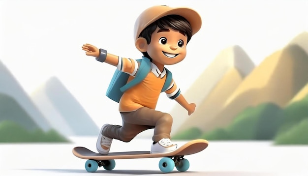 3D-рендеринг маленького мальчика, катающегося на скейтборде на белом фоне