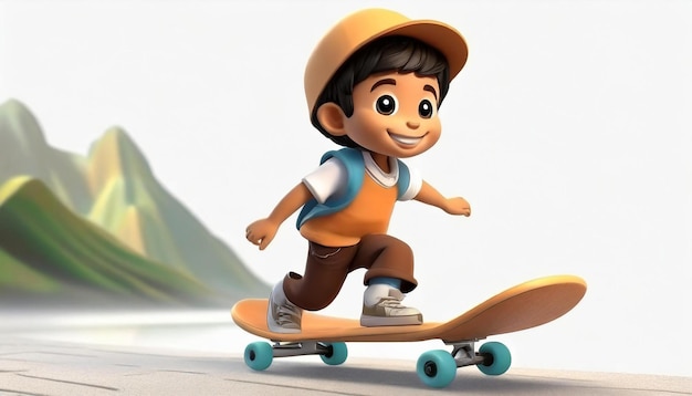 3d render of a little boy riding skateboard on white background