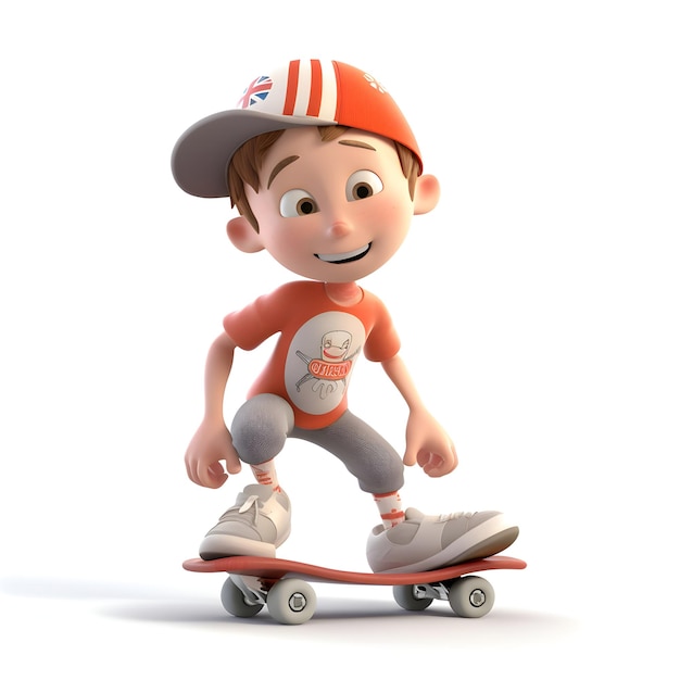 3D Render of a Little Boy Skateboarding on a White Background