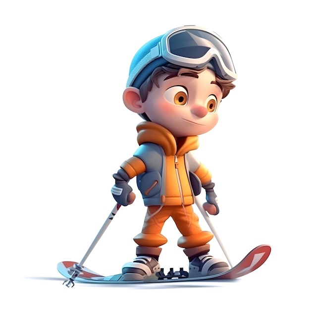 3D Render of a Little boy skier on a white background