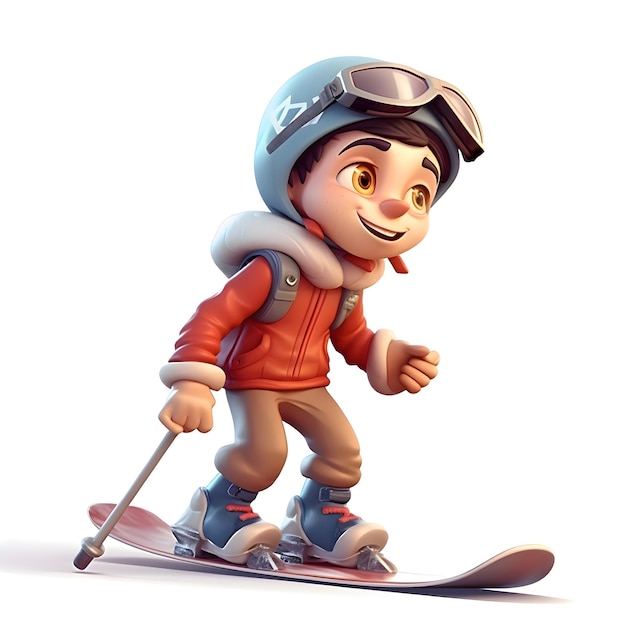 Photo 3d render of a little boy skier with helmet and snowboard