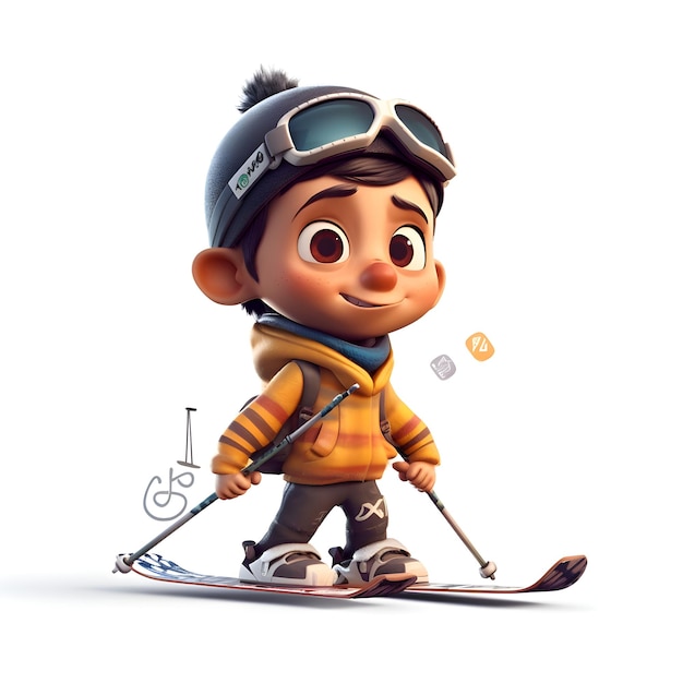 スキー用具を持つ小さな少年スキーヤーの 3 D レンダリング