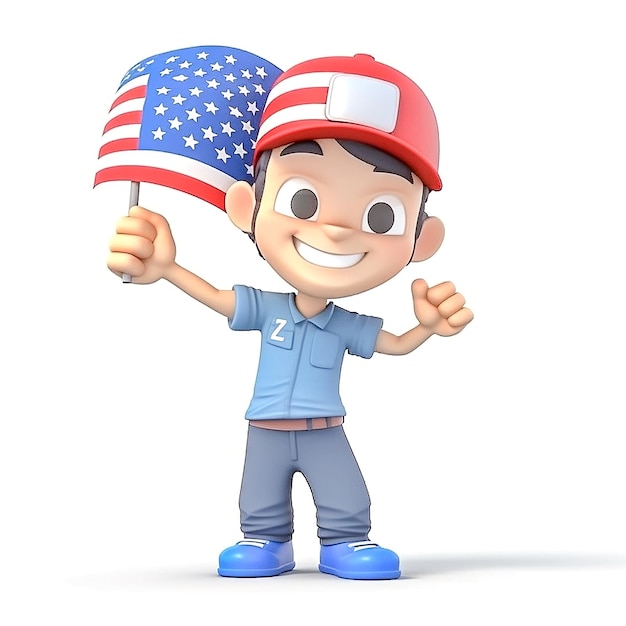 Foto render 3d di un ragazzino che indossa la bandiera americana