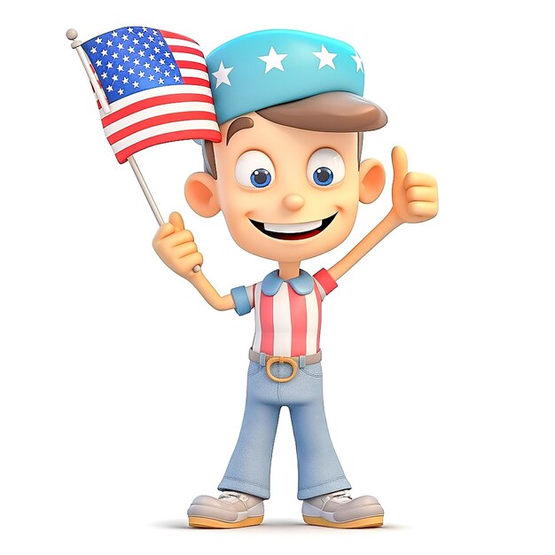 Photo 3d render of little boy with american flag and thumbs up