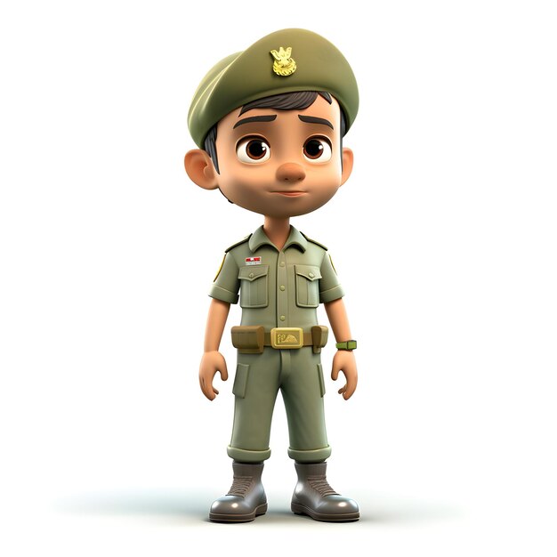 陸軍帽子と緑色の軍服を着た小さな男の子の3Dレンダー