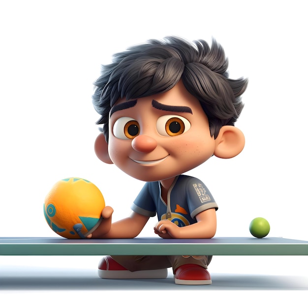 3D Render of a Little Boy with a ball on a table