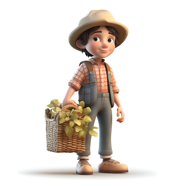 Photo 3d render of a little boy with a basket of cactus